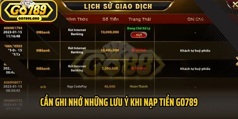 Cần ghi nhớ những lưu ý khi nạp tiền Go789